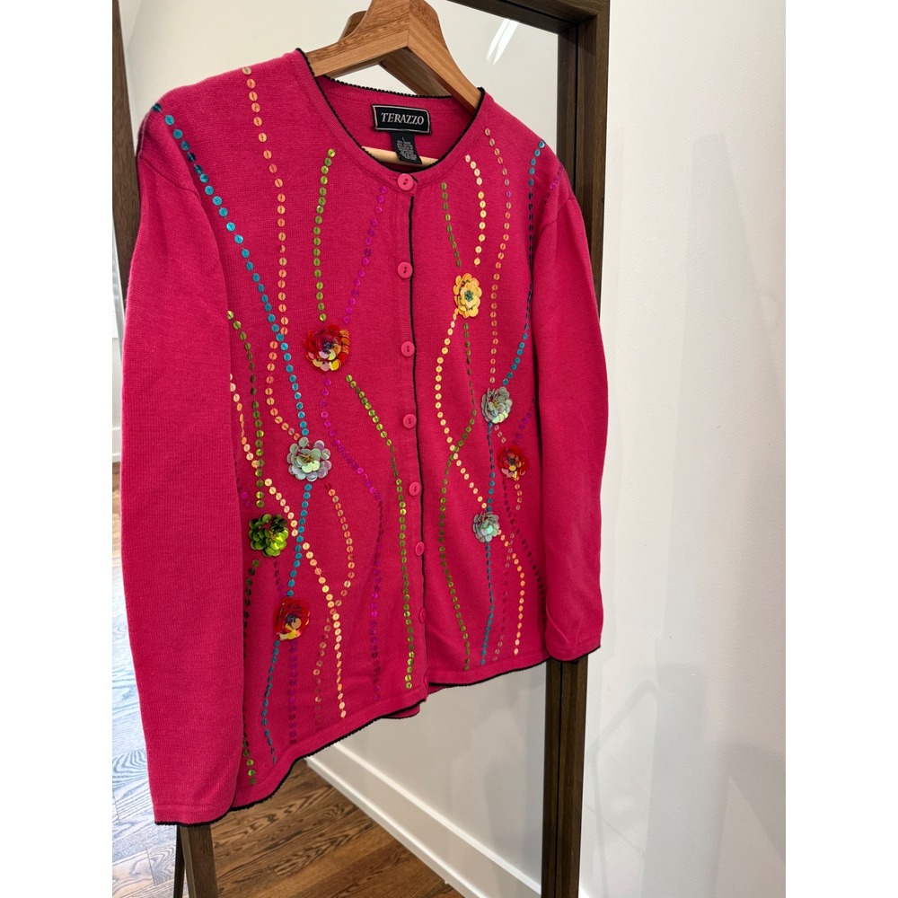 Vintage TERAZZO Women's Pink Sequin Flower Embellished Cardigan Sweater  Size L